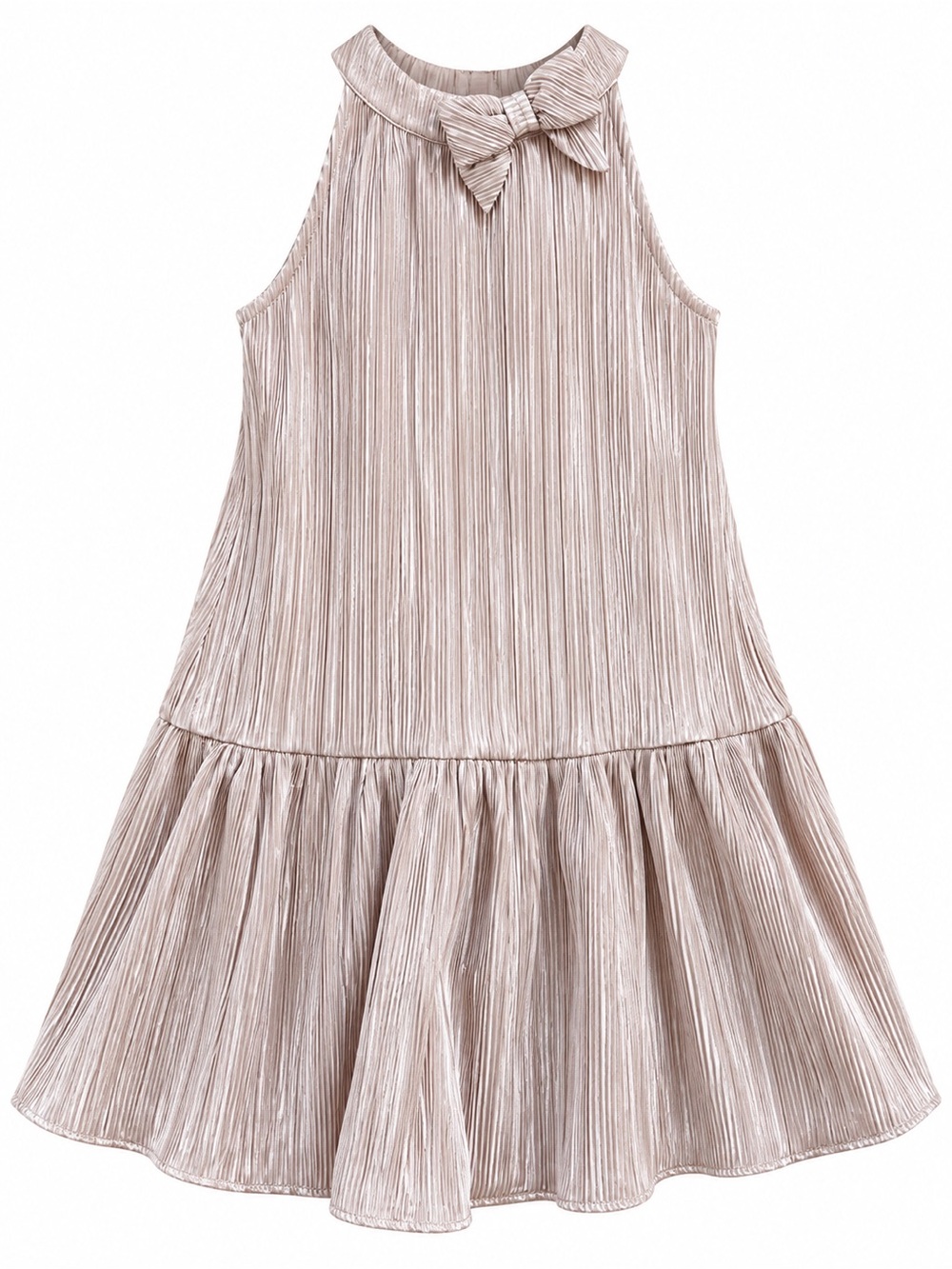 Janie and Jack Pleated  Bow Neck Party Dress in Light Taupe